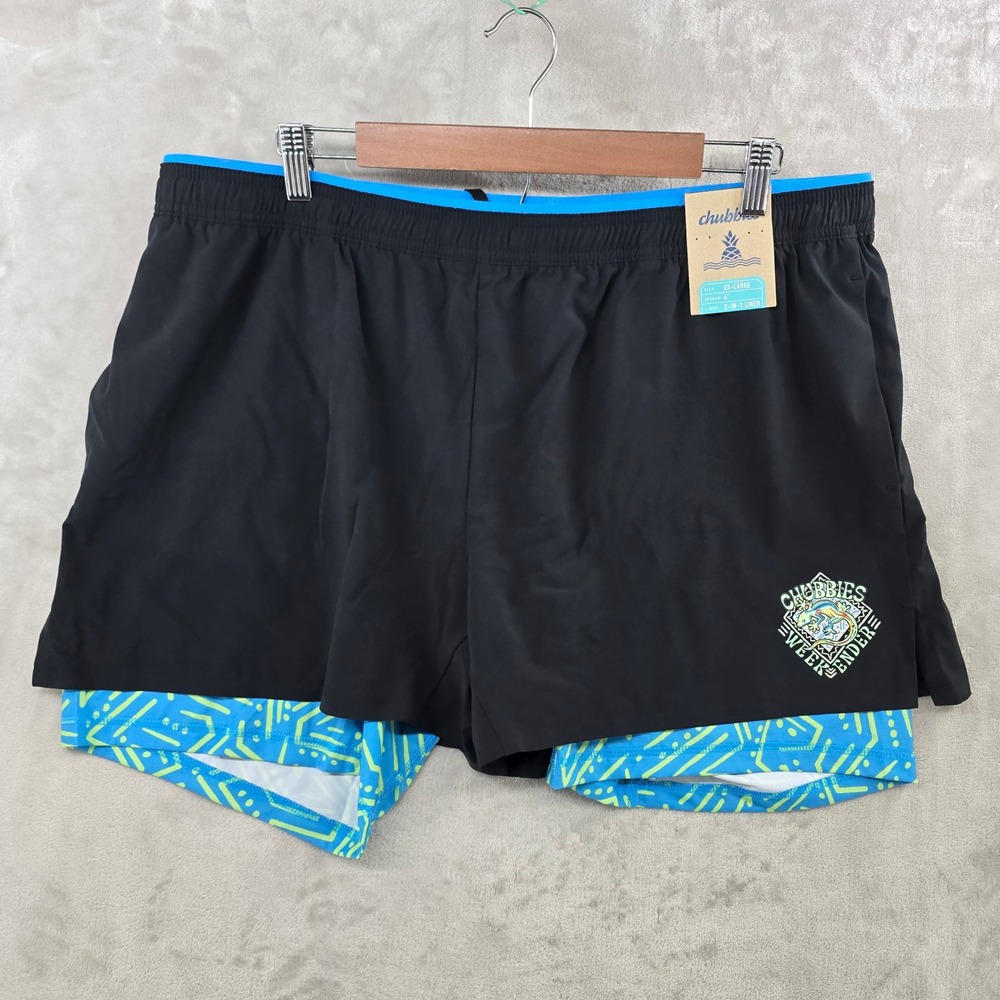 Chubbies Ultimate Training Short Mens XXL Black 4" Inseam 2-in-1 Liner Gecko